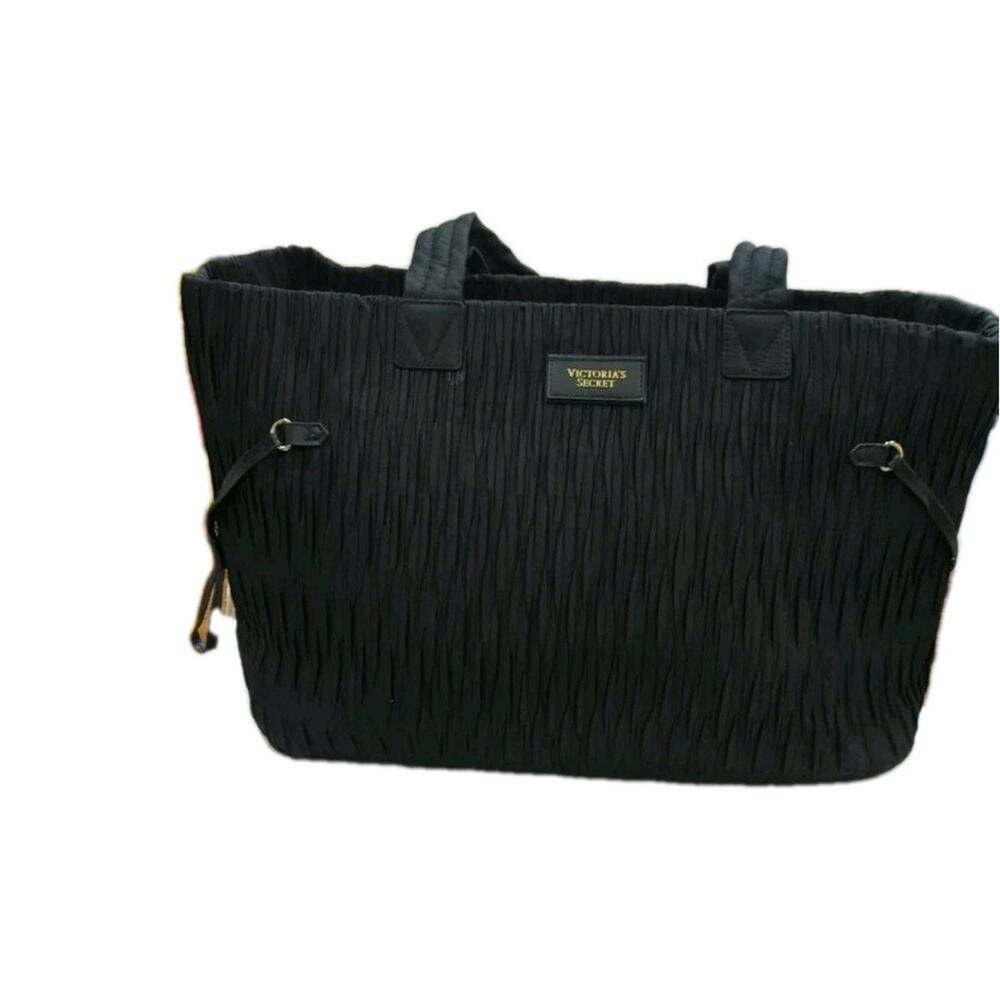 Victoria's Secret Ruched Tote Weekend Bag, Black Draw String Sides Zip VS Logo‎